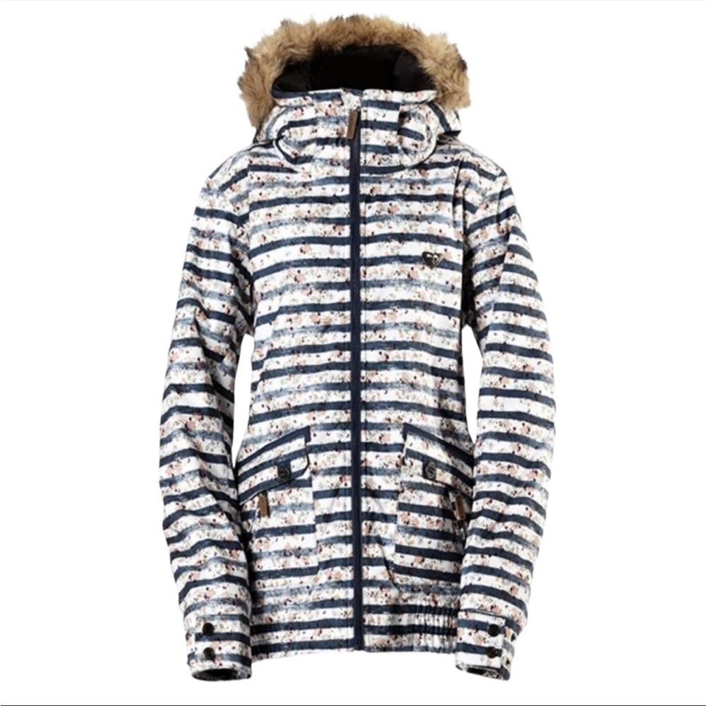 Roxy Women's Navy and White Striped Hooded Winter Jacket with Faux Fur Trim